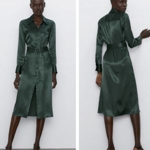 NWT Zara Satin Effect Hunter Green Long Sleeve Belted Collared Midi Dress | sz M
